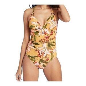 Kona Sol Swimwear One Piece High Coverage Yellow Tropical Floral Size M